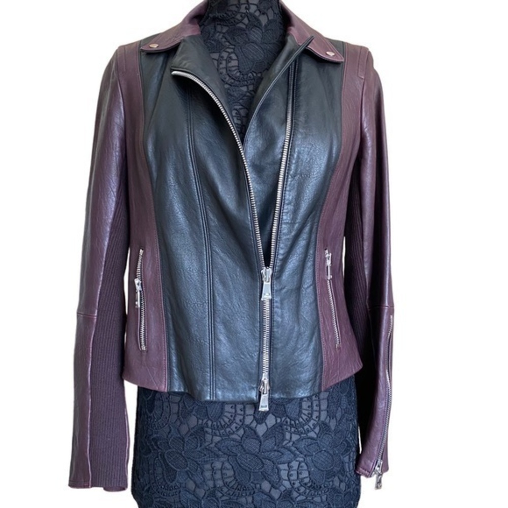 Vince Black Burgundy Red Lambskin Grunge Leather Moto Jacket Large